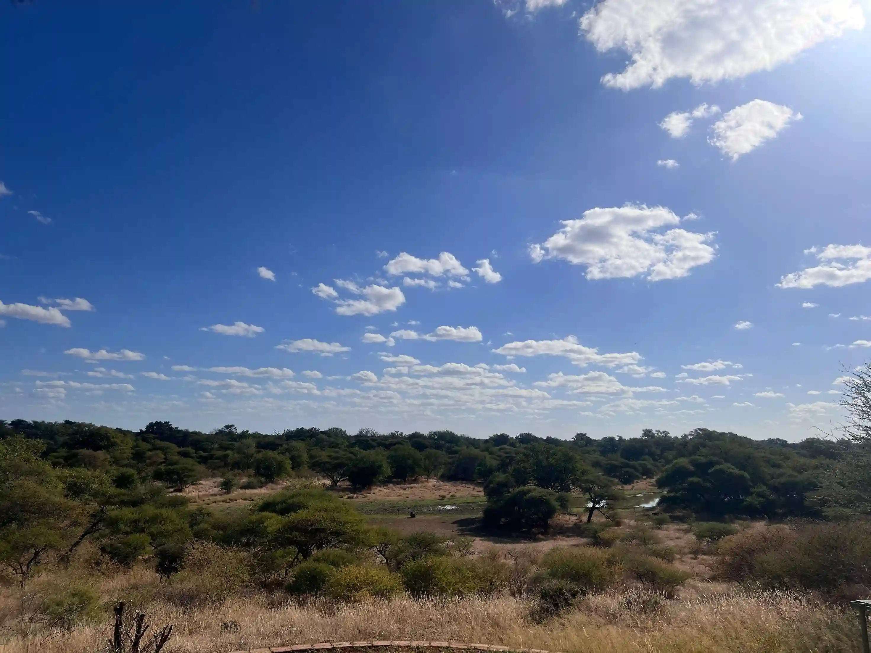 ntorno natural del lodge al atardecer, con edificios de estilo africano rodeados de naturaleza y total tranquilidad.
